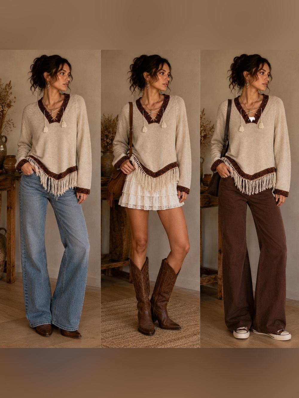 Alpaca blend Boho Fringe V-Neck Sweater in Cream and Brown